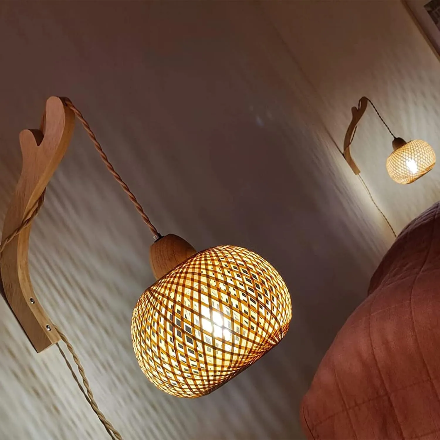 Frideko Bamboo Wall Sconces Set of Two Plug in, Boho Wall Lamp with Plug in Cord, Farmhouse Wall Light Fixtures with 9.84FT On/Off Switch Cord, Rattan Sconces Wall Lighting for Bedroom Living Room
