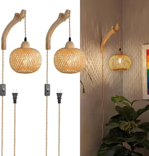 Frideko Bamboo Wall Sconces Set of Two Plug in, Boho Wall Lamp with Plug in Cord, Farmhouse Wall Light Fixtures with 9.84FT On/Off Switch Cord, Rattan Sconces Wall Lighting for Bedroom Living Room