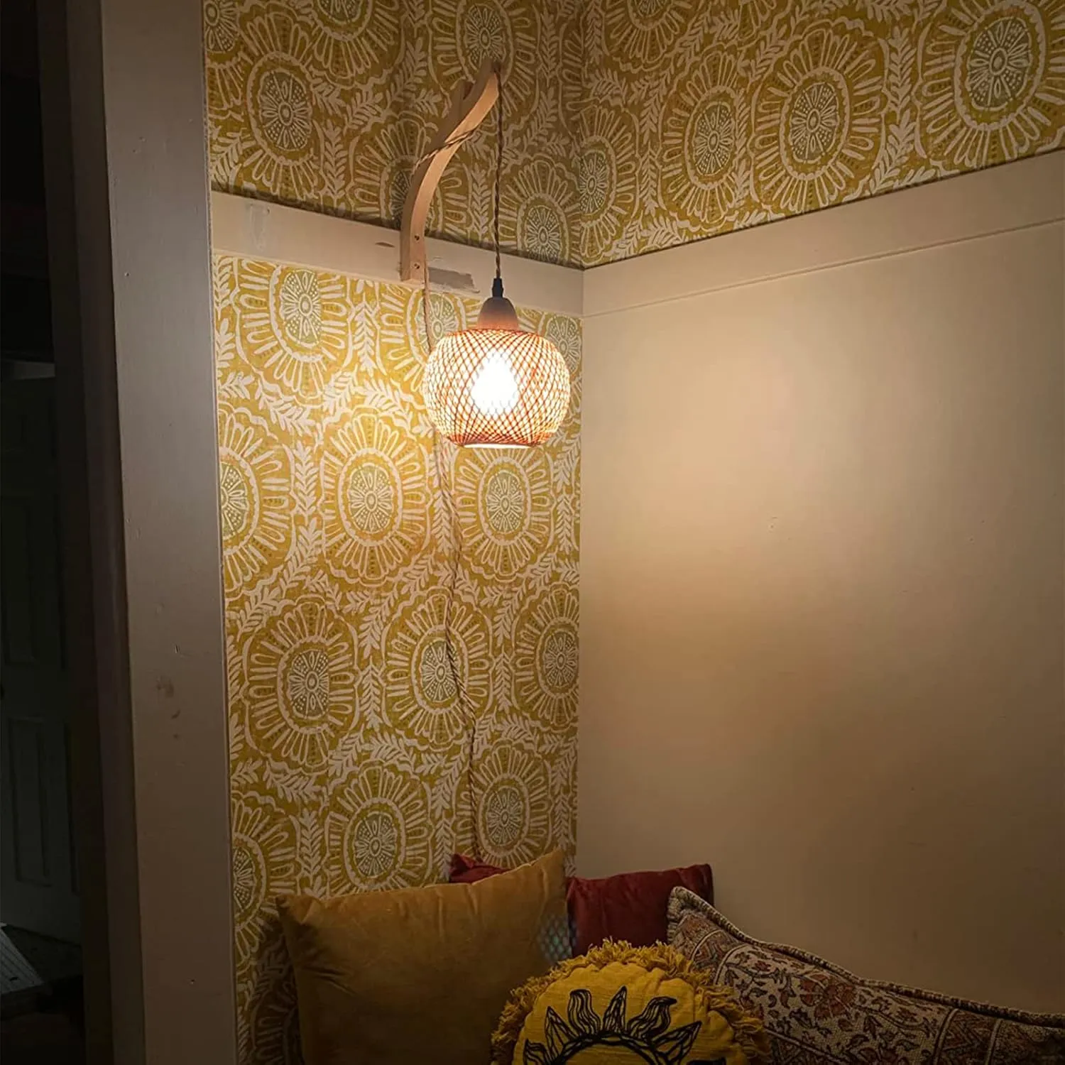 Frideko Bamboo Wall Sconces Set of Two Plug in, Boho Wall Lamp with Plug in Cord, Farmhouse Wall Light Fixtures with 9.84FT On/Off Switch Cord, Rattan Sconces Wall Lighting for Bedroom Living Room