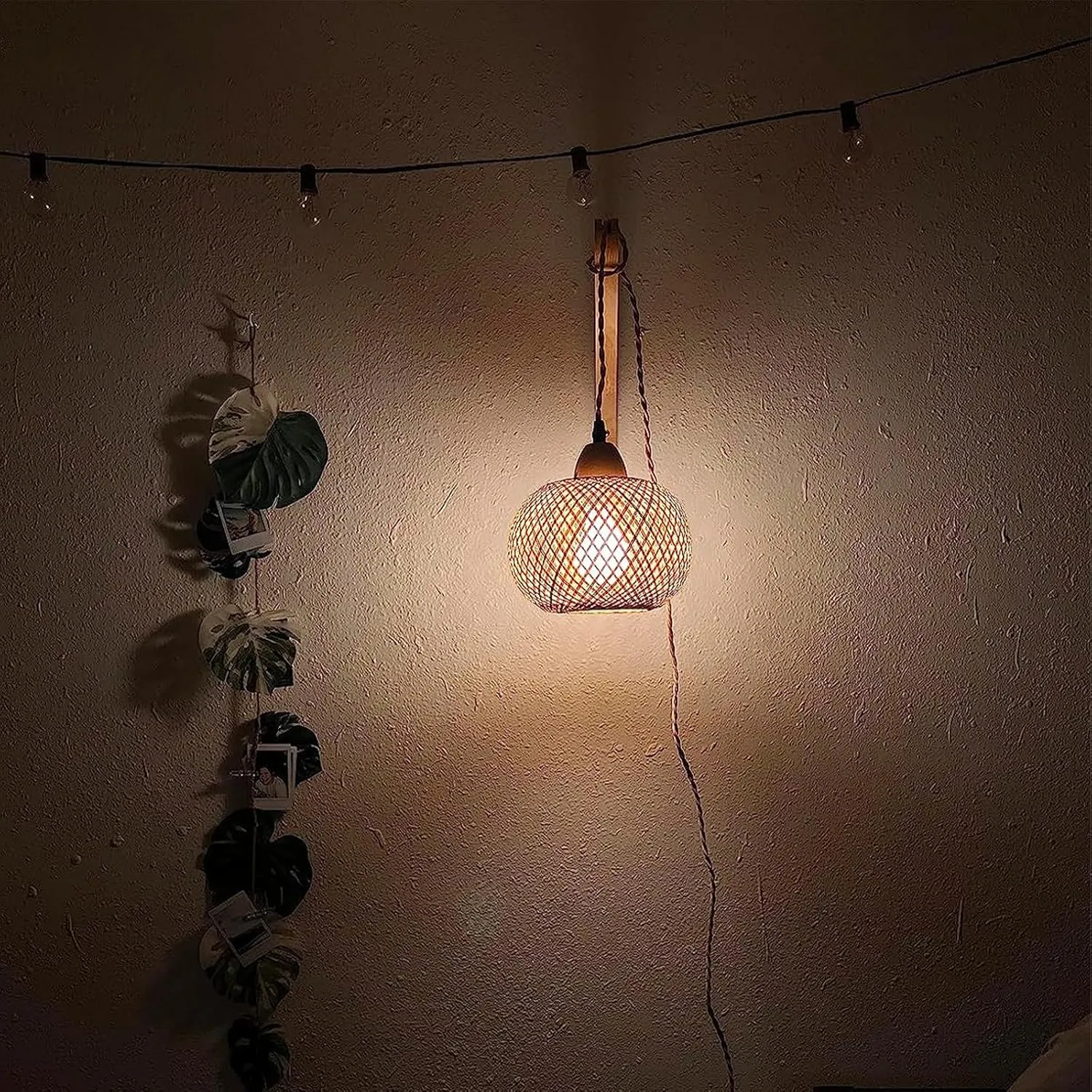 Frideko Bamboo Wall Sconces Set of Two Plug in, Boho Wall Lamp with Plug in Cord, Farmhouse Wall Light Fixtures with 9.84FT On/Off Switch Cord, Rattan Sconces Wall Lighting for Bedroom Living Room
