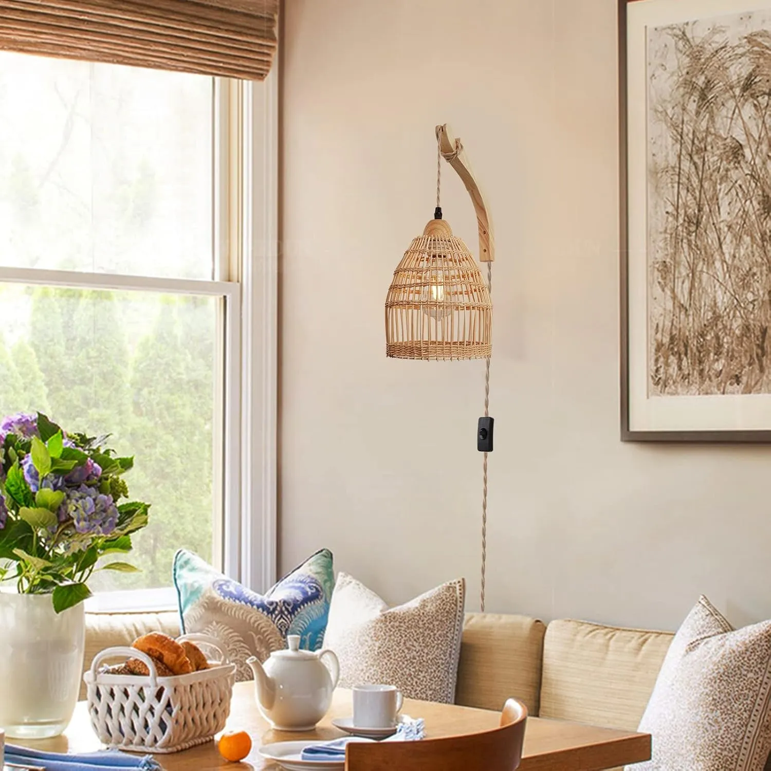 Frideko Rattan Plug in Wall Sconces Wicker Wall Lamp with Plug in Cord Hand Woven Rattan Wall Light Farmhouse Wall Sconce Wall Mounted Light Boho Sconces Wall Lighting for Living Room Bedroom