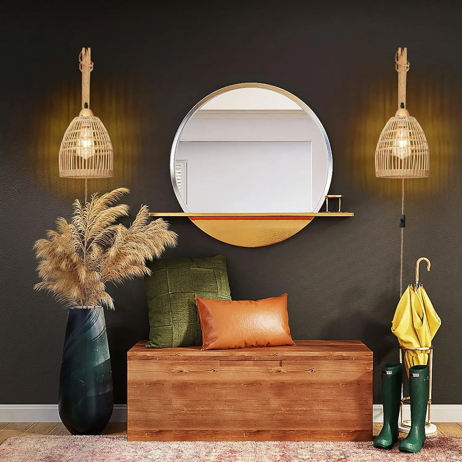 Frideko Rattan Plug in Wall Sconces Wicker Wall Lamp with Plug in Cord Hand Woven Rattan Wall Light Farmhouse Wall Sconce Wall Mounted Light Boho Sconces Wall Lighting for Living Room Bedroom