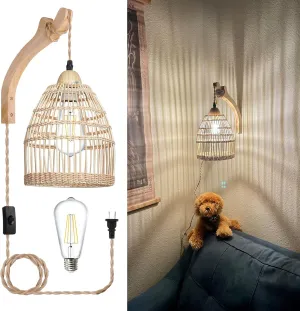 Frideko Rattan Plug in Wall Sconces Wicker Wall Lamp with Plug in Cord Hand Woven Rattan Wall Light Farmhouse Wall Sconce Wall Mounted Light Boho Sconces Wall Lighting for Living Room Bedroom