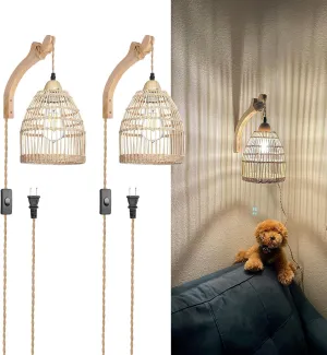 Frideko Wicker Wall Sconces Set of Two Plug in, Rattan Wall Lamp with Plug in Cord, Farmhouse Wall Light Fixtures with 9.84FT On/Off Switch Cord, Boho Sconces Wall Lighting for Bedroom Living Room