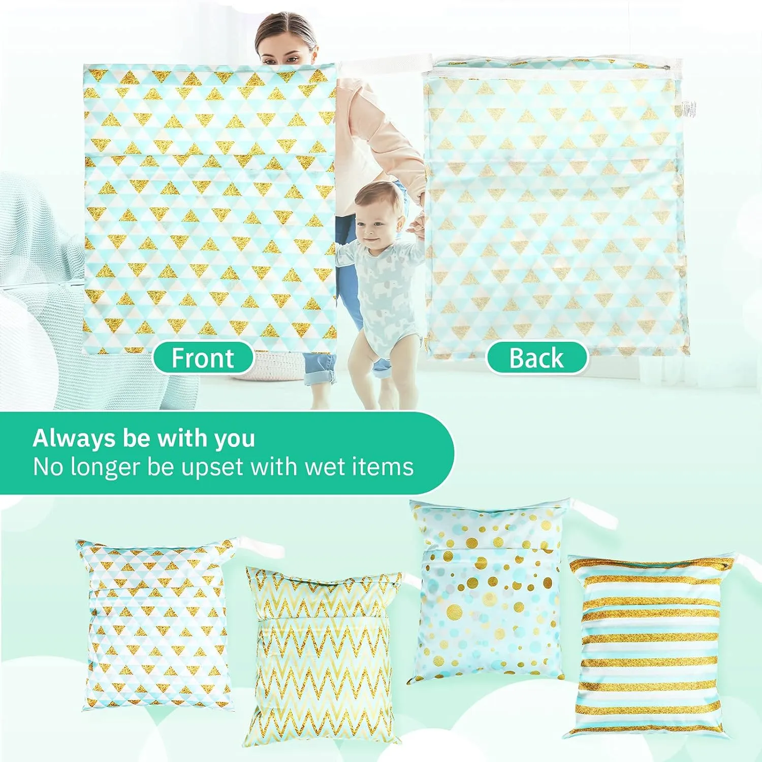 Frienda 4 Pieces Wet Dry Bag for Baby Waterproof Reusable Washable Diaper Bag Sealed with Handle for Travel, Beach, Swimsuit, Diapers, Dirty Gym Clothes and Toiletries (Tropical)