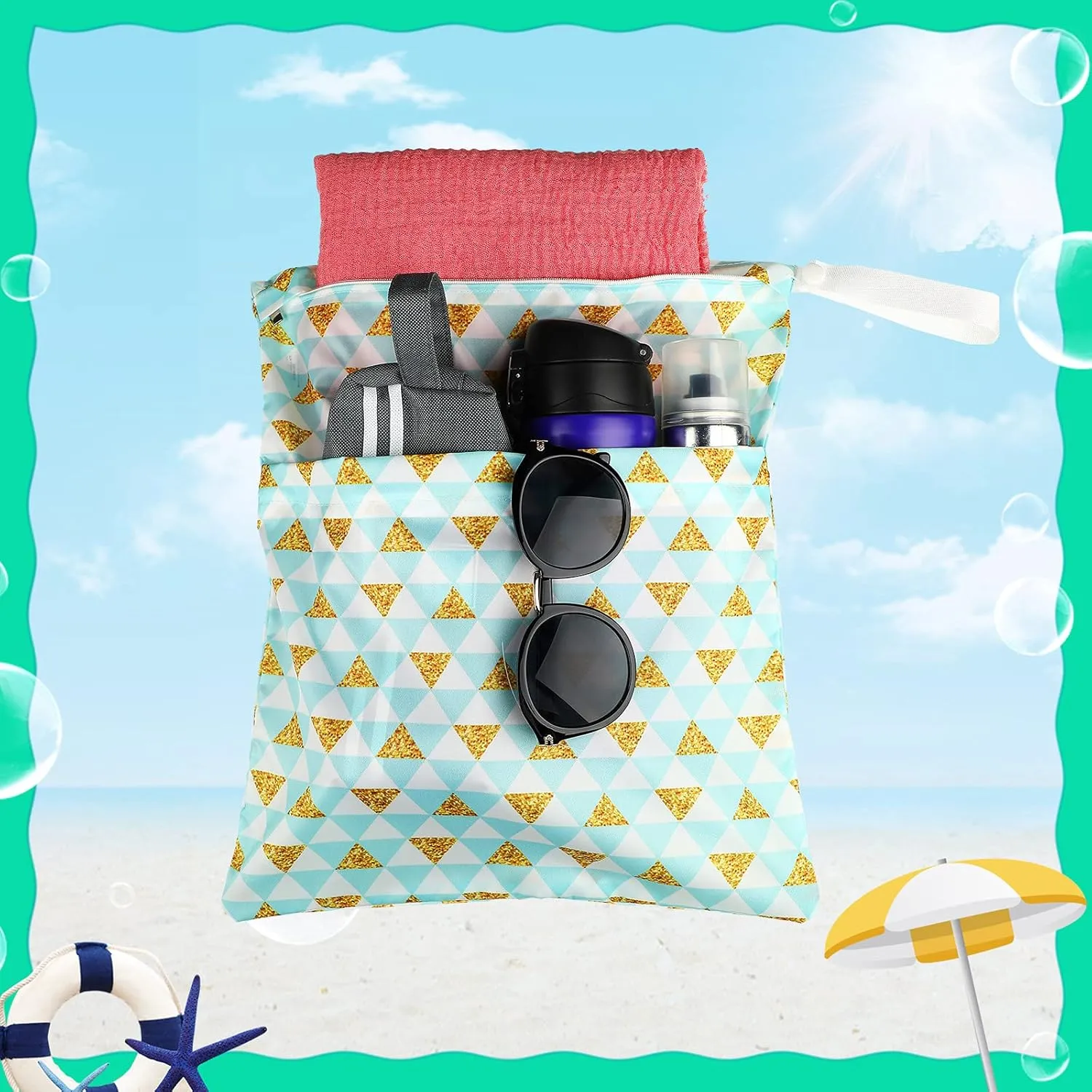 Frienda 4 Pieces Wet Dry Bag for Baby Waterproof Reusable Washable Diaper Bag Sealed with Handle for Travel, Beach, Swimsuit, Diapers, Dirty Gym Clothes and Toiletries (Tropical)
