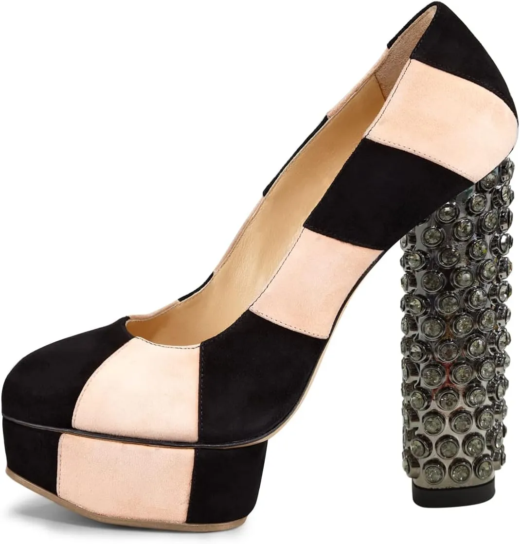 FSJ Women Cute Platform Pumps Suede Patchwork Crystal Chunky Block High Heel Closed Toe Party Prom Dress Shoes Size 4-15 US