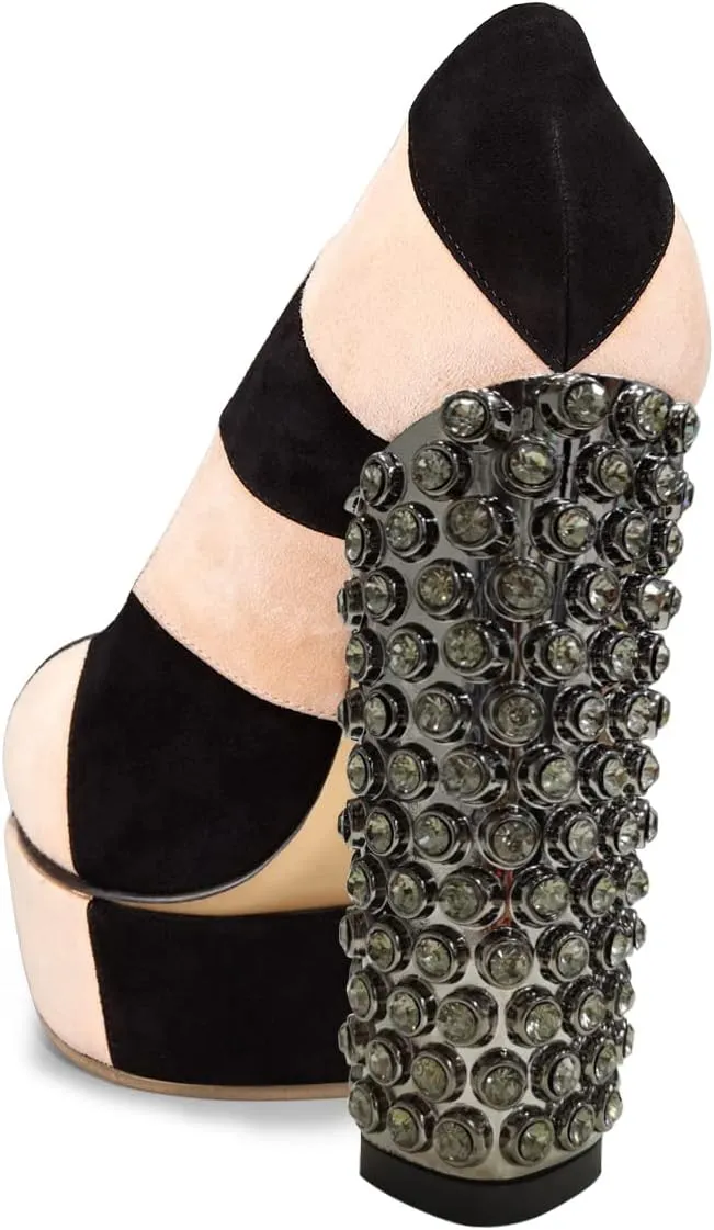 FSJ Women Cute Platform Pumps Suede Patchwork Crystal Chunky Block High Heel Closed Toe Party Prom Dress Shoes Size 4-15 US