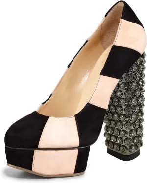 FSJ Women Cute Platform Pumps Suede Patchwork Crystal Chunky Block High Heel Closed Toe Party Prom Dress Shoes Size 4-15 US
