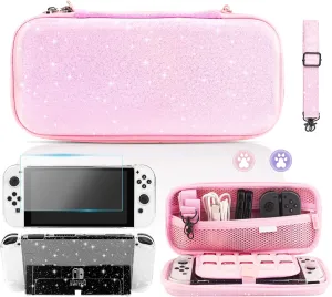 FUNDIARY Pink Travel Carrying Case for Nintendo Switch OLED with Glitter Design, Shockproof Accessories for Switch Console Joycon with Slim Storage Bag, Dockable Cover, Screen Protector & 2 Thumb Caps
