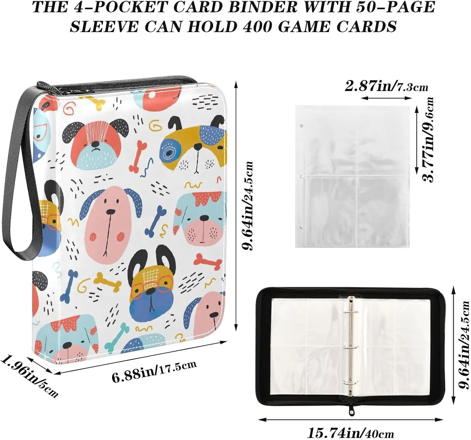 Funny Creative Dogs Card Collecting Binder, Card Binder 4 Pocket Fits 400 Cards Trading Card Organizer