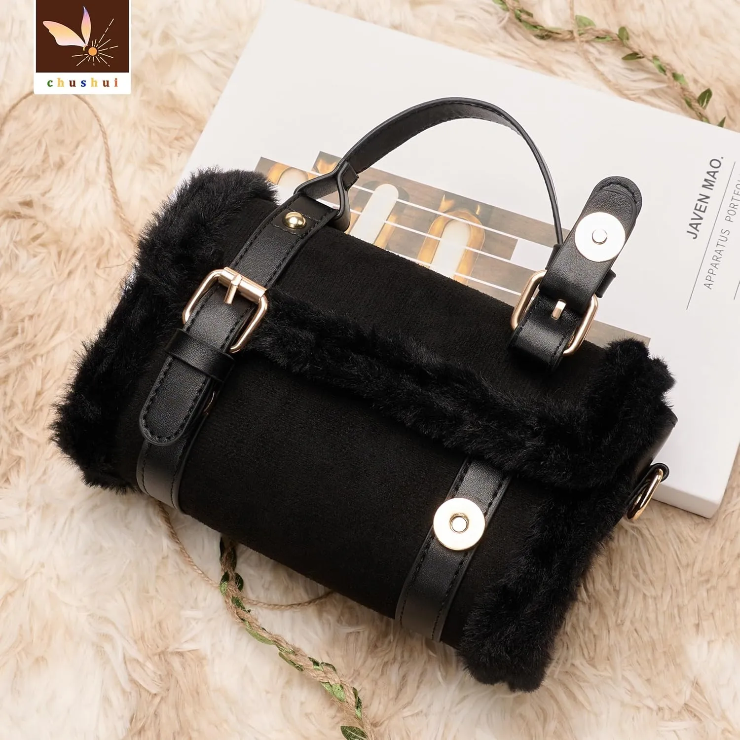 Fur Purse,Vintage-Revival Small Crossbody Bag,Top Handle Leather Handbag for Women