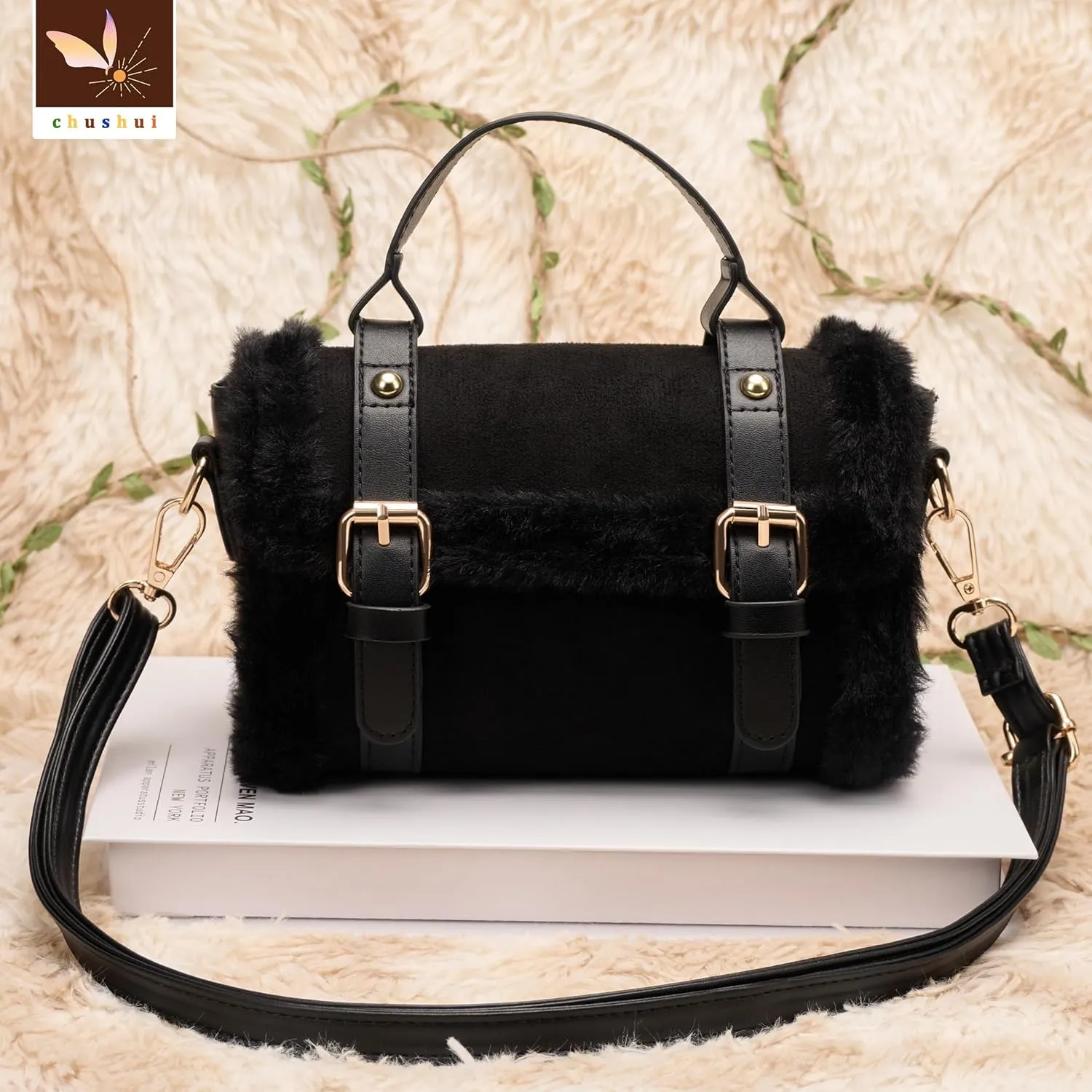 Fur Purse,Vintage-Revival Small Crossbody Bag,Top Handle Leather Handbag for Women