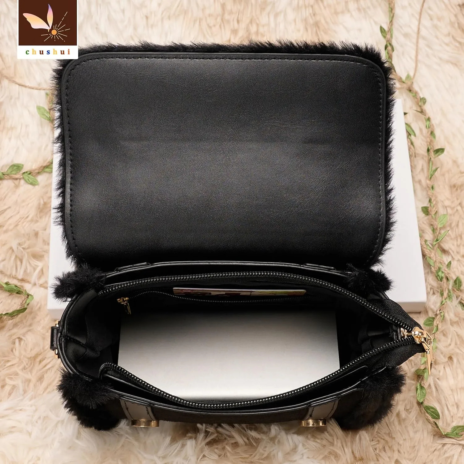 Fur Purse,Vintage-Revival Small Crossbody Bag,Top Handle Leather Handbag for Women