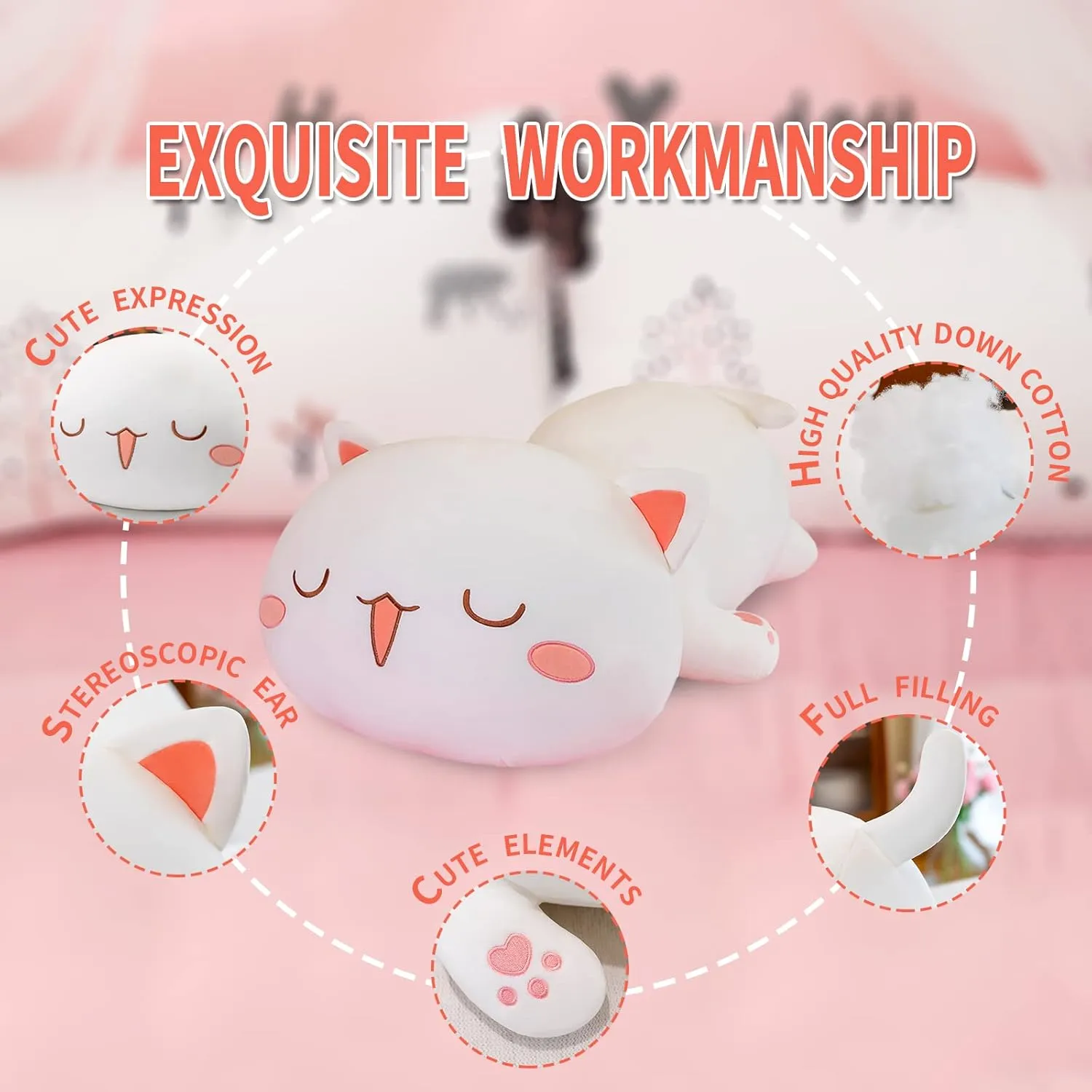 FUYU Cat Stuffed Animals, Soft Cat Plush Pillow Kawaii Kitten Stuffed Animal Toy Gifts for Kids Boys Girls Room Decor (White Squinted Eyes,15in/37cm)