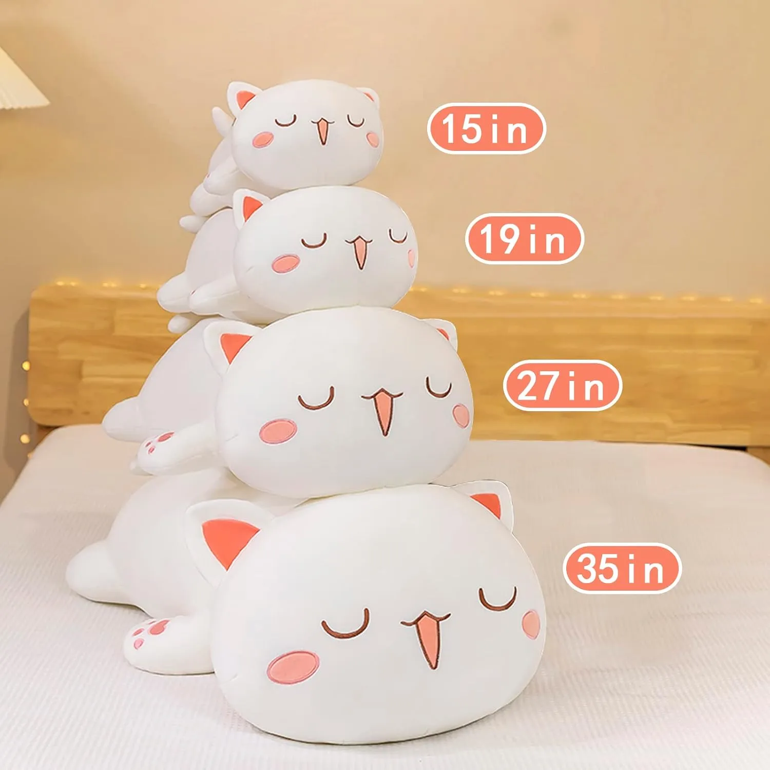 FUYU Cat Stuffed Animals, Soft Cat Plush Pillow Kawaii Kitten Stuffed Animal Toy Gifts for Kids Boys Girls Room Decor (White Squinted Eyes,15in/37cm)