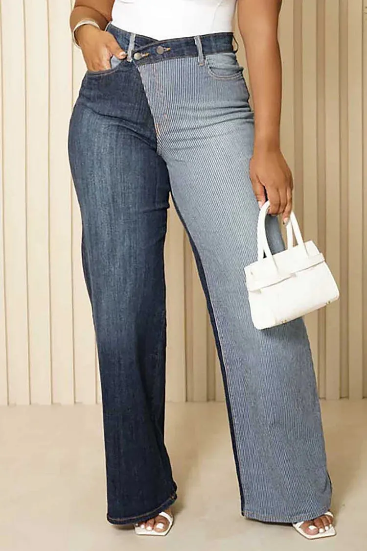 FZ Women's Plus Size Daily Asymmetrical Patchwork Denim Pants
