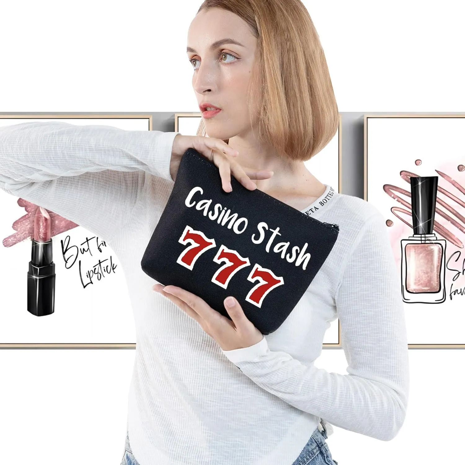 G2TUP Casino Gambling Makeup Bag Casino Stash Accessory Pouch Lucky Sevens Zipper Bag for Gambler (Casino Stash Black makeup bag)