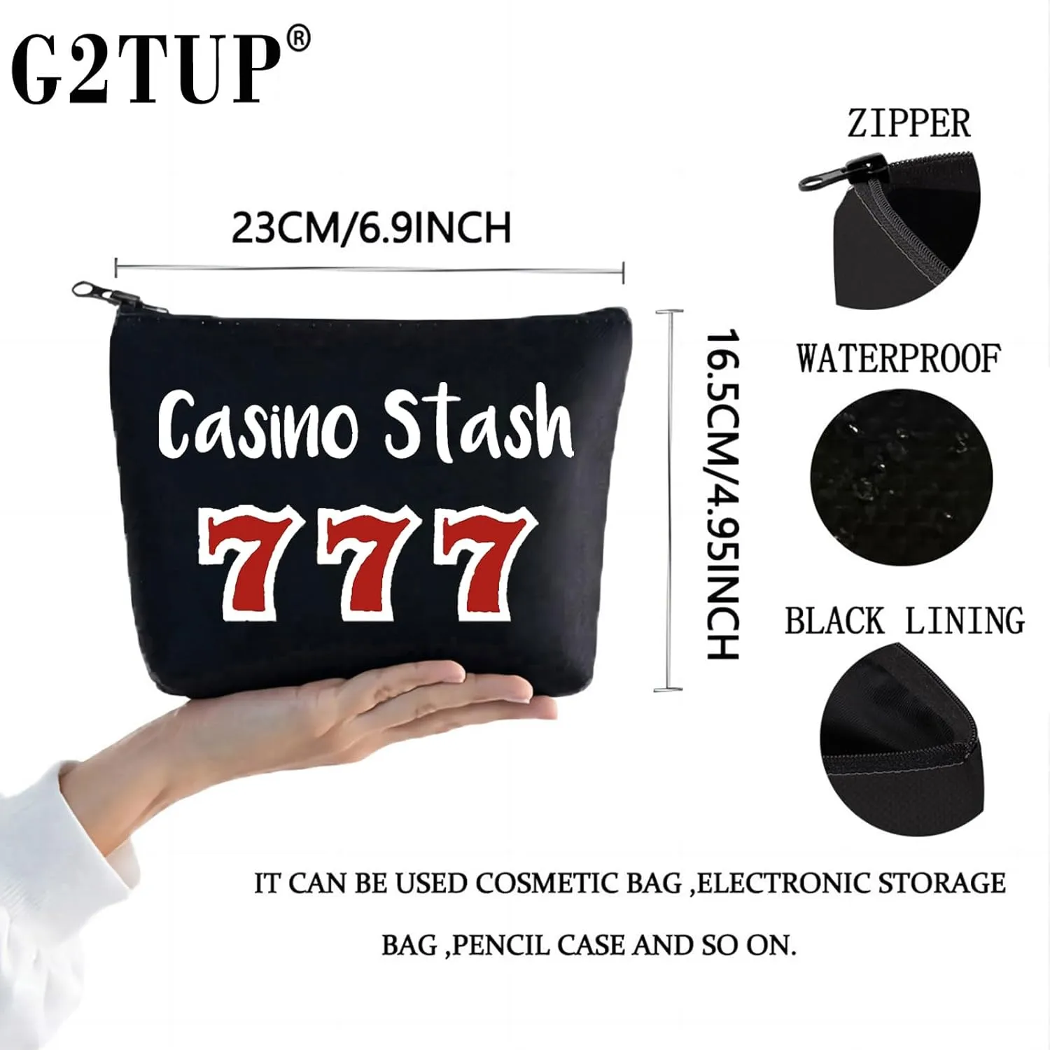 G2TUP Casino Gambling Makeup Bag Casino Stash Accessory Pouch Lucky Sevens Zipper Bag for Gambler (Casino Stash Black makeup bag)