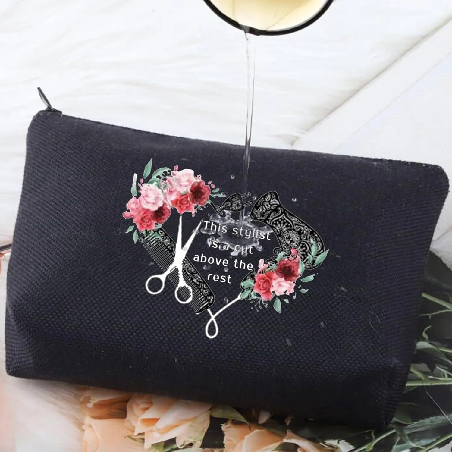 G2TUP Hairdresser Cosmetologist Gift for Hair Stylist Women Cosmetic Bag Barber Floral Pouch This Stylist is a Cut Above the Rest (Hair Stylist makeup bag-black)