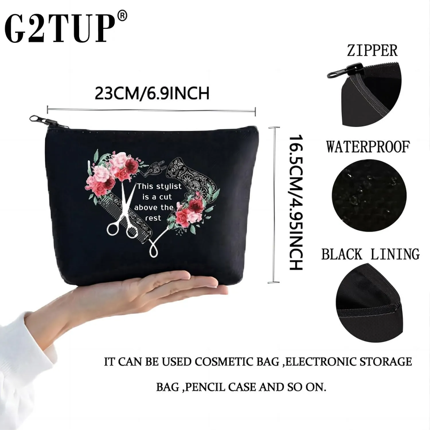 G2TUP Hairdresser Cosmetologist Gift for Hair Stylist Women Cosmetic Bag Barber Floral Pouch This Stylist is a Cut Above the Rest (Hair Stylist makeup bag-black)