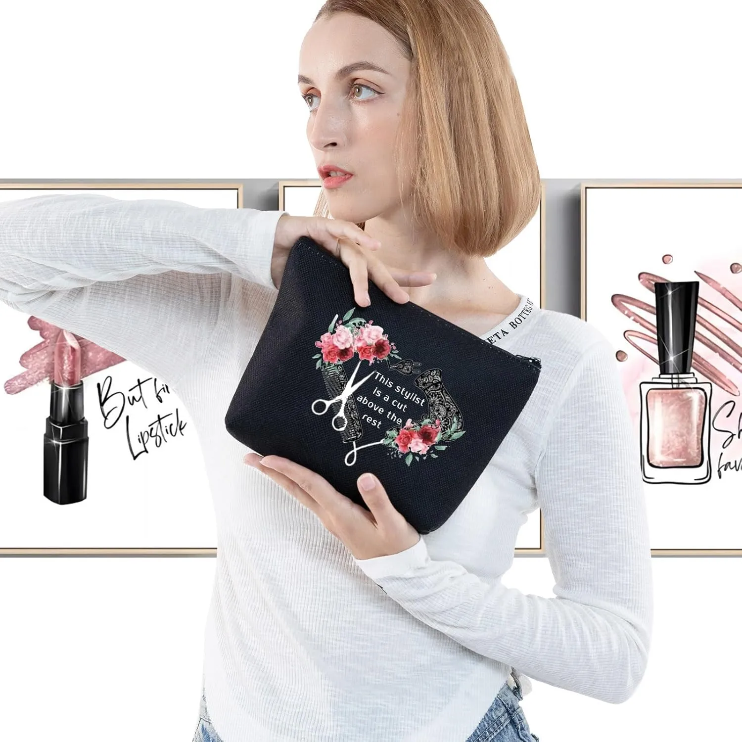 G2TUP Hairdresser Cosmetologist Gift for Hair Stylist Women Cosmetic Bag Barber Floral Pouch This Stylist is a Cut Above the Rest (Hair Stylist makeup bag-black)