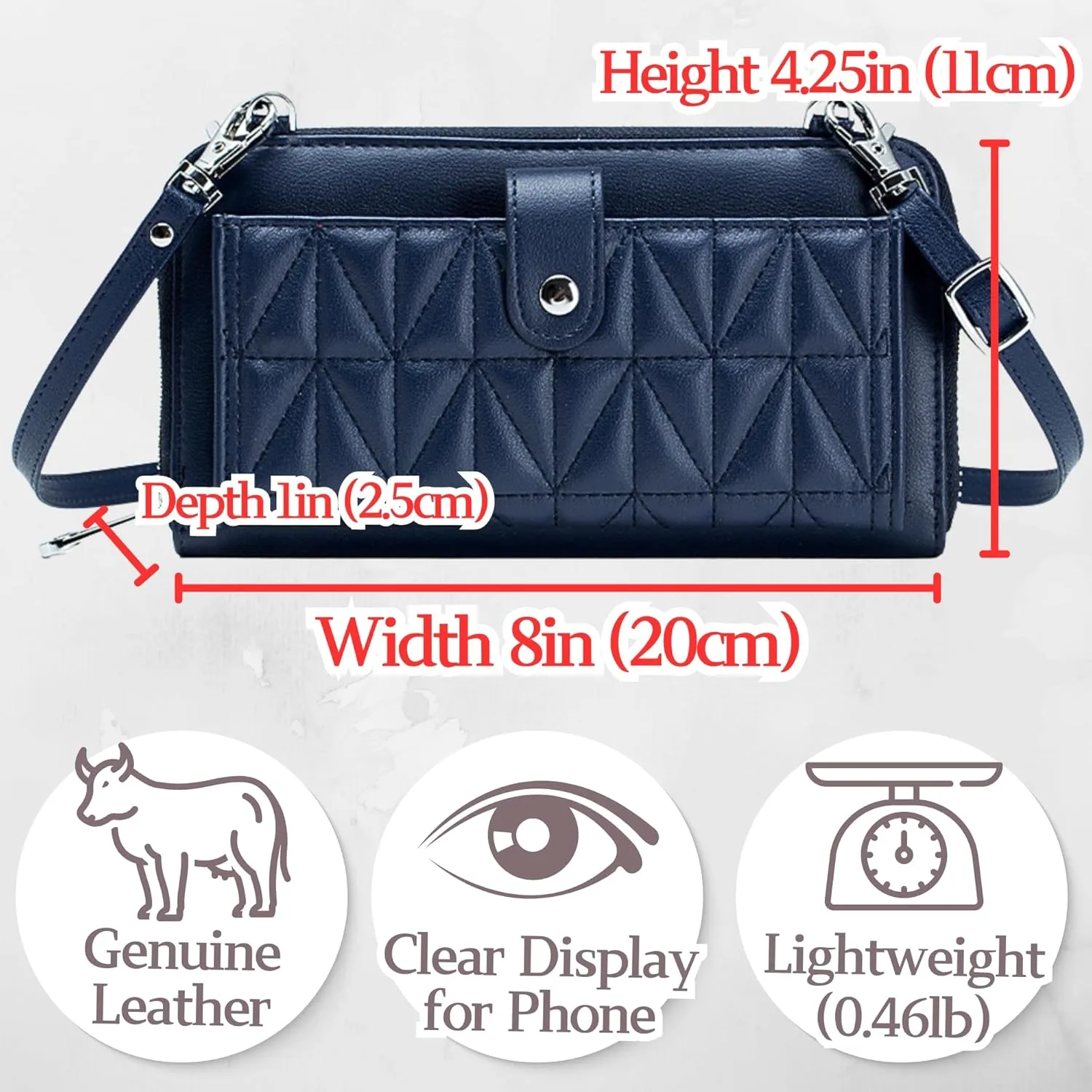 Genuine Leather Clear Mobile Phone Screen Quilted Crossbody Cell Phone Long Wallet, Womens Multi Card Slots Zipper Purse Bags