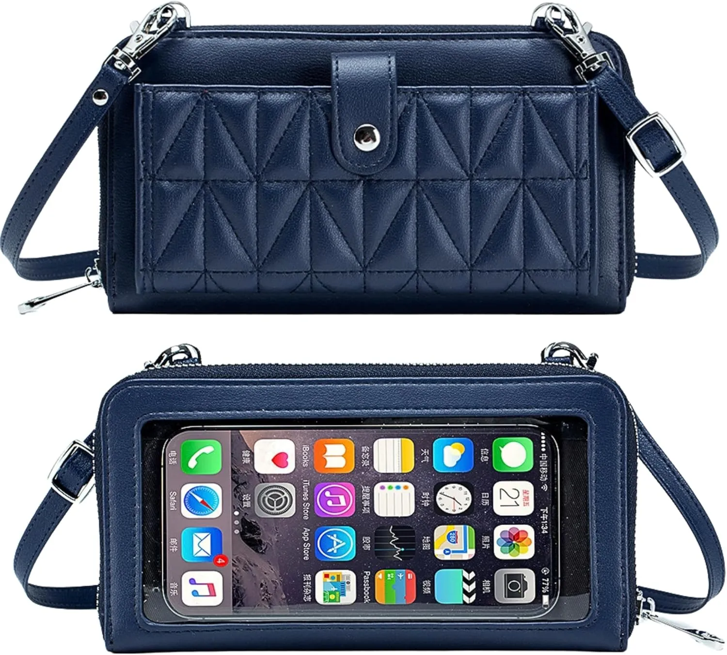 Genuine Leather Clear Mobile Phone Screen Quilted Crossbody Cell Phone Long Wallet, Womens Multi Card Slots Zipper Purse Bags