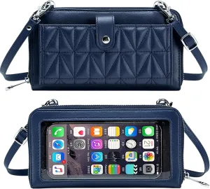 Genuine Leather Clear Mobile Phone Screen Quilted Crossbody Cell Phone Long Wallet, Womens Multi Card Slots Zipper Purse Bags