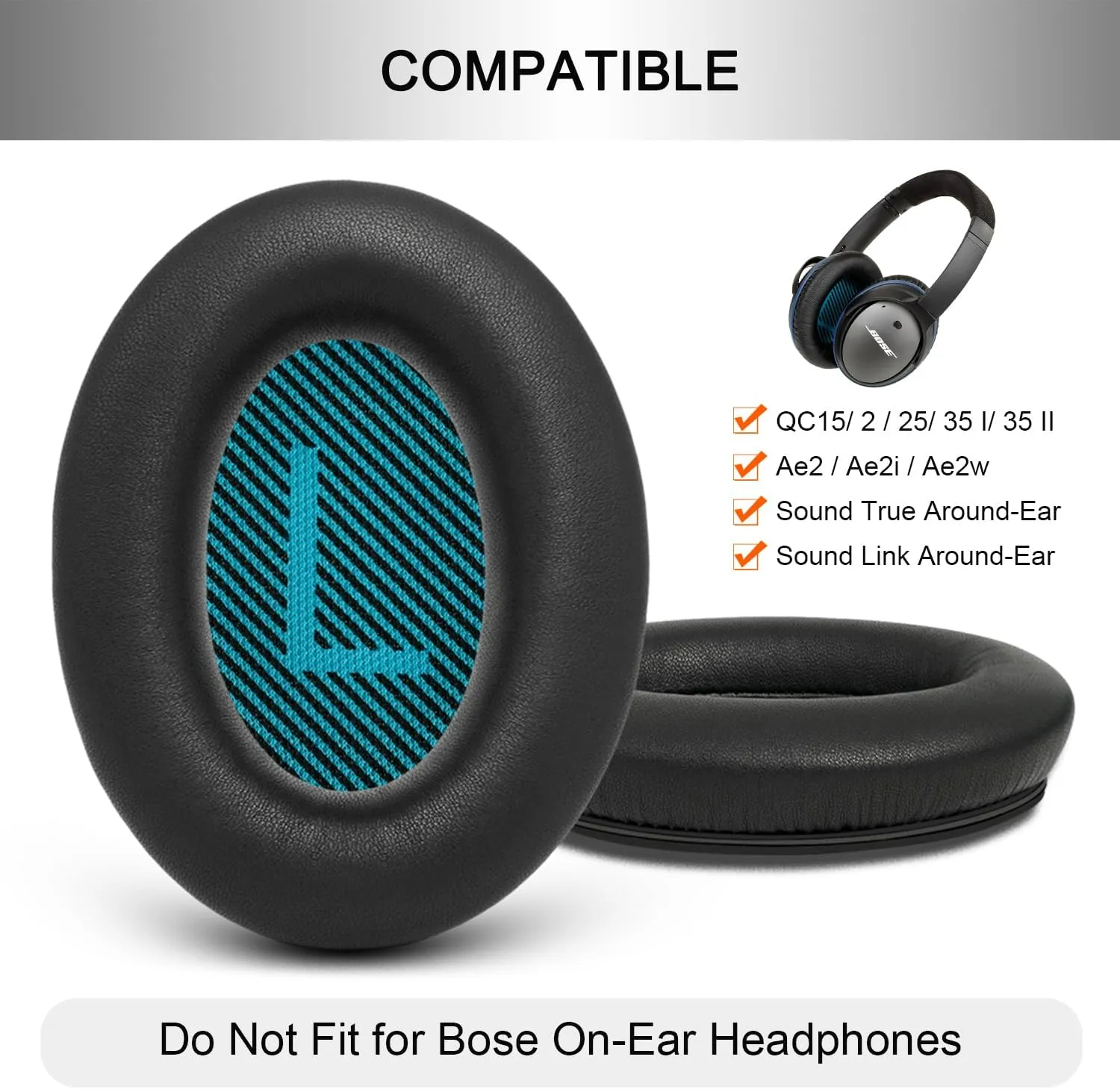 GEVO Replacement Ear Pads for Bose QC25 Headphones, Earpads for Bose QuietComfort QC2 QC15 Ae2 Ae2i Ae2w Headphones, Sheepskin Leather, Memory Foam & Softer for Longer Ear Cushions (Blue Mats)