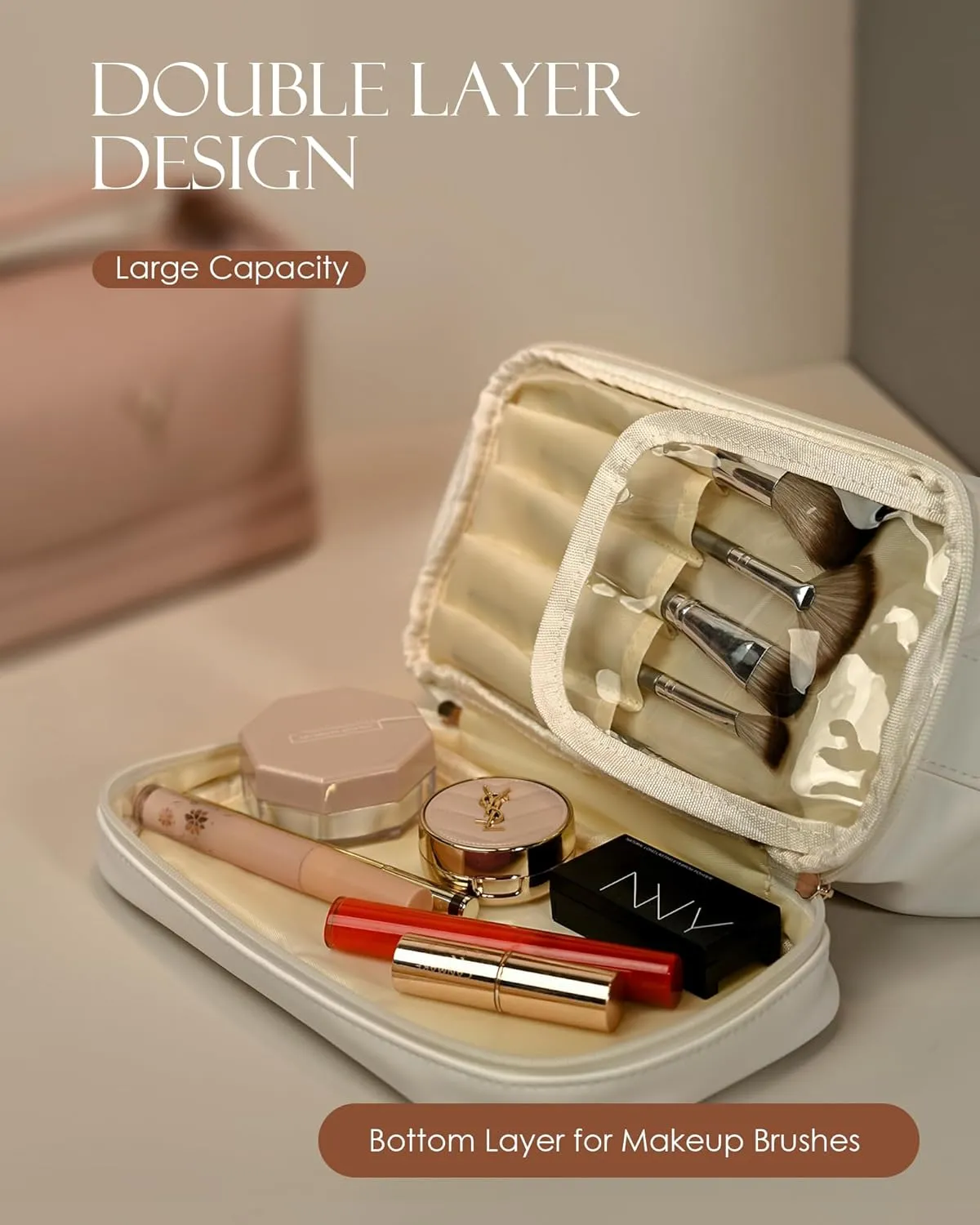 Gifts for Women, Monogrammed Makeup Bag with Handle, Initial Double Layer Cosmetic Bag with Makeup Brush Organizer, Cute Cosmetic Pouch for Women, Gifts for Friends Female Mom