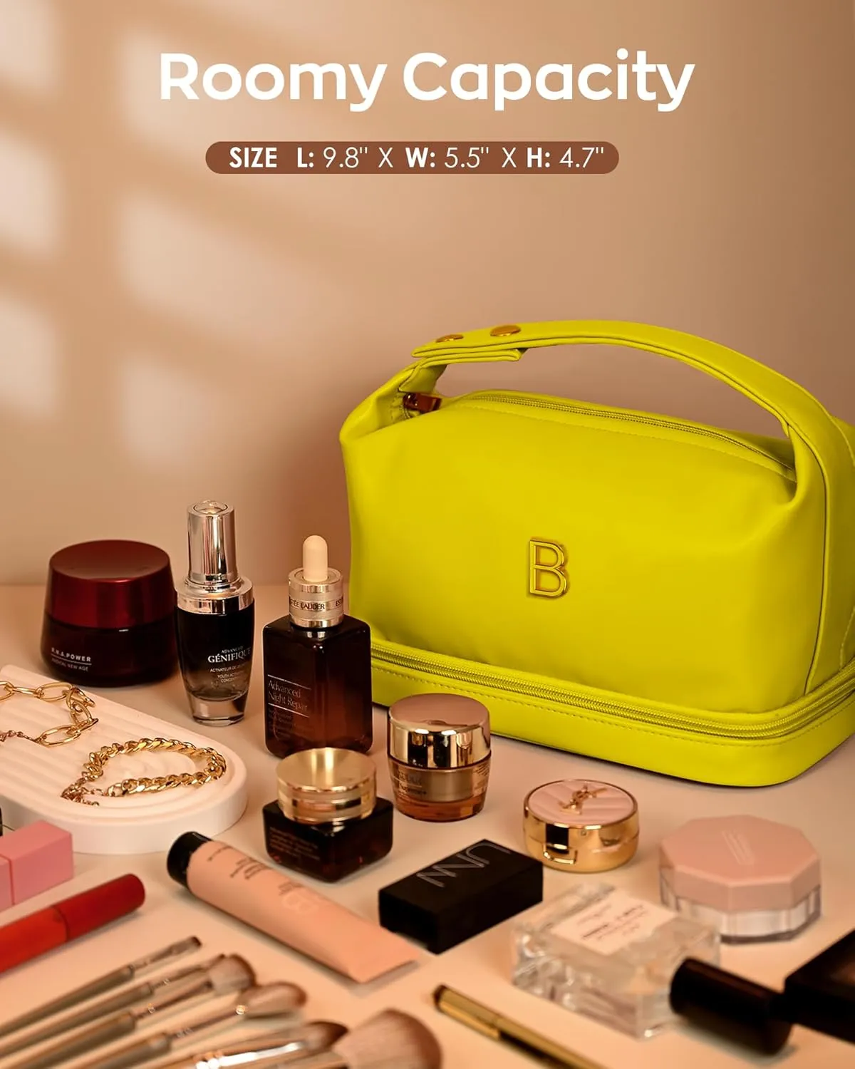 Gifts for Women, Monogrammed Makeup Bag with Handle, Initial Double Layer Cosmetic Bag with Makeup Brush Organizer, Cute Cosmetic Pouch for Women, Gifts for Friends Female Mom