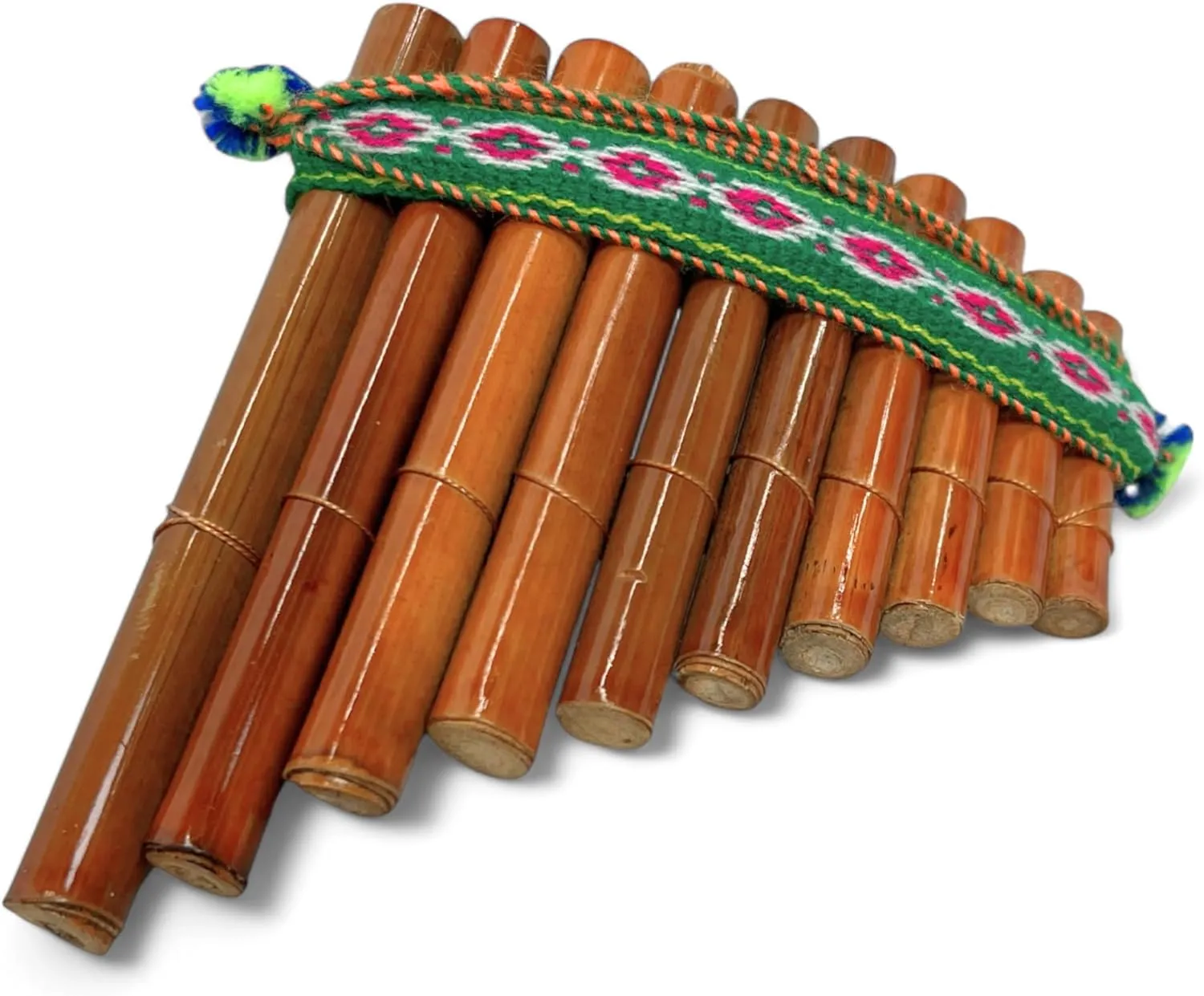 GMP Peruvian Pan Flute Bamboo | Authentic Hand-Made Curved Woodwind Pan Pipe, Made In South America from Natural Bamboo and Colorful Woven Cloth - 3 Sizes (Small)