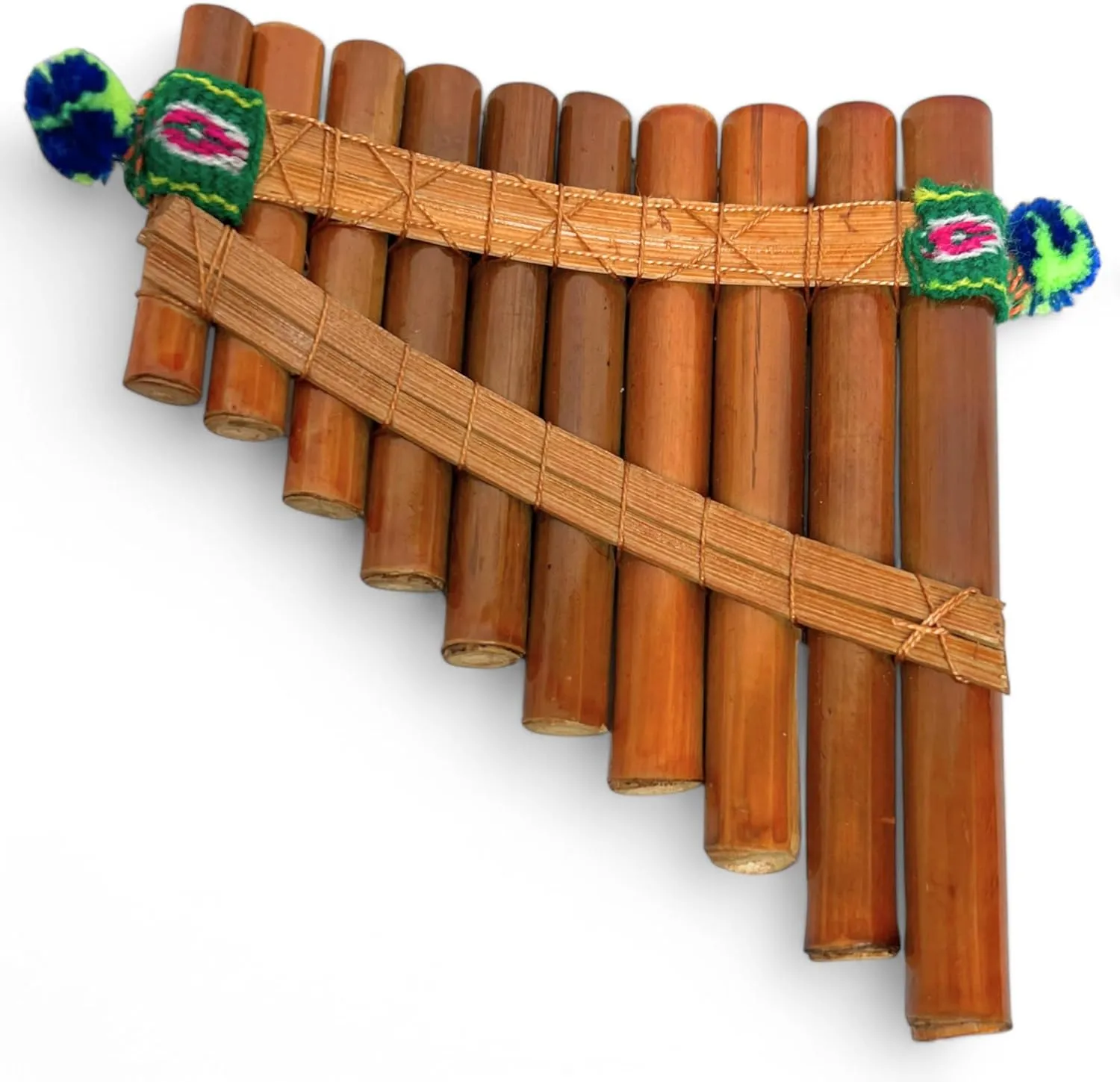 GMP Peruvian Pan Flute Bamboo | Authentic Hand-Made Curved Woodwind Pan Pipe, Made In South America from Natural Bamboo and Colorful Woven Cloth - 3 Sizes (Small)