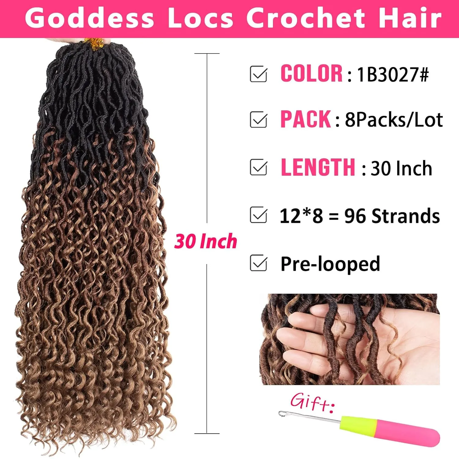 Goddess Locs Crochet Hair 8 Packs 30 Inch Ombre Crochet Hair for Black Women Crochet Goddess locs Boho Hippie Locs Hair Faux Locs Crochet Hair with Curly Ends Pre-looped River Locs(1B3027#)
