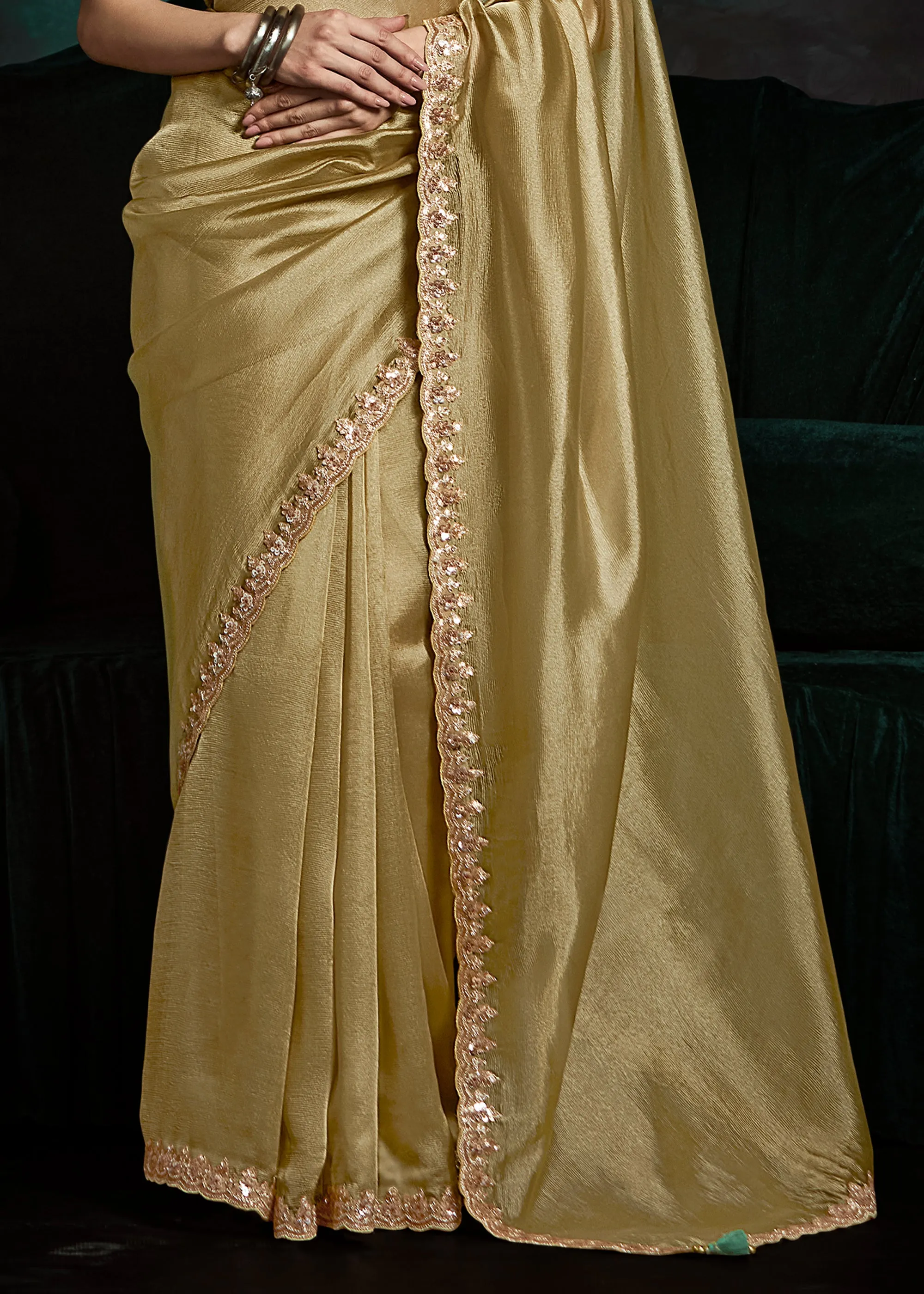Golden Green Designer Tissue Silk Saree With Printed Blouse
