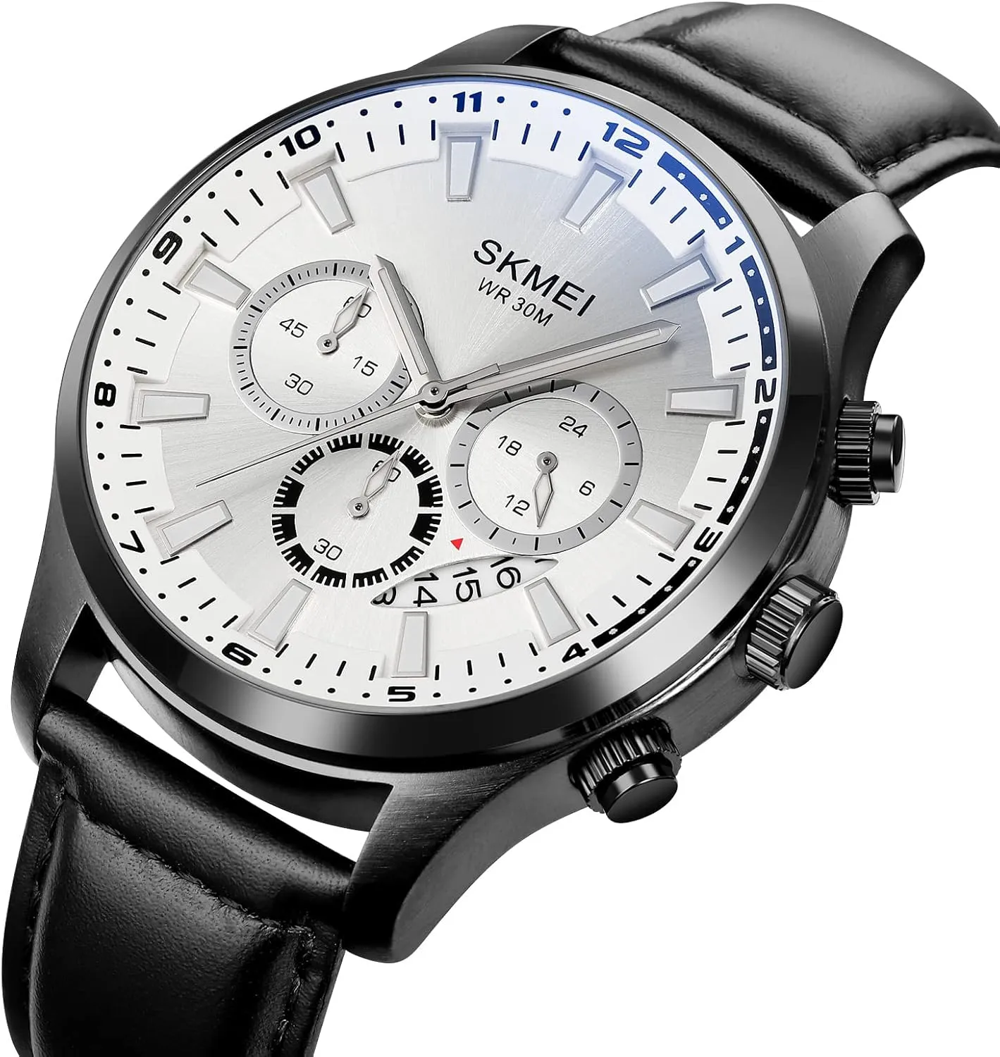 Gosasa Fashion Men's Quartz Watches Business Chronograph Calendar Waterproof Date Genuine Leather Strap Wrist Watch Round Dress Watch for Men
