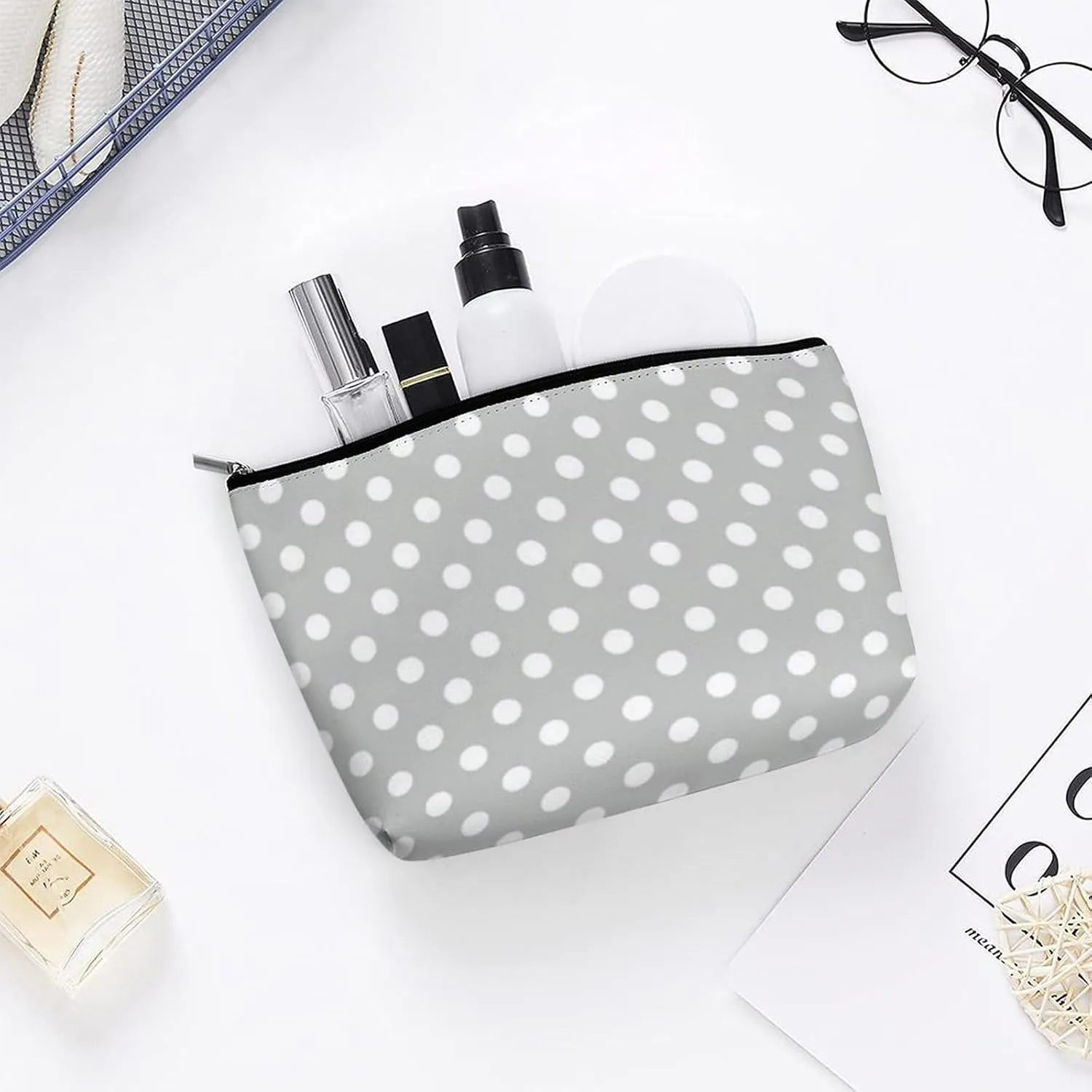 Gray and White Polka Dots Cosmetic Bag, Travel Portable Makeup Bag for Purse Pouch Beauty Zipper Organizer Toiletry Bag for Women