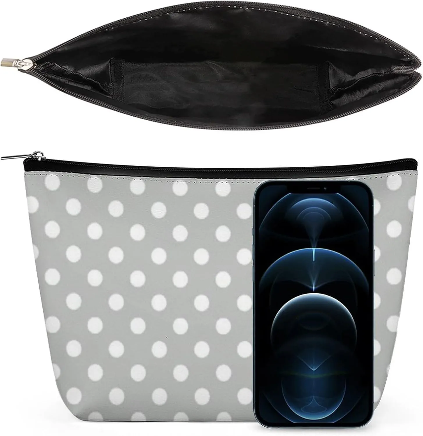 Gray and White Polka Dots Cosmetic Bag, Travel Portable Makeup Bag for Purse Pouch Beauty Zipper Organizer Toiletry Bag for Women