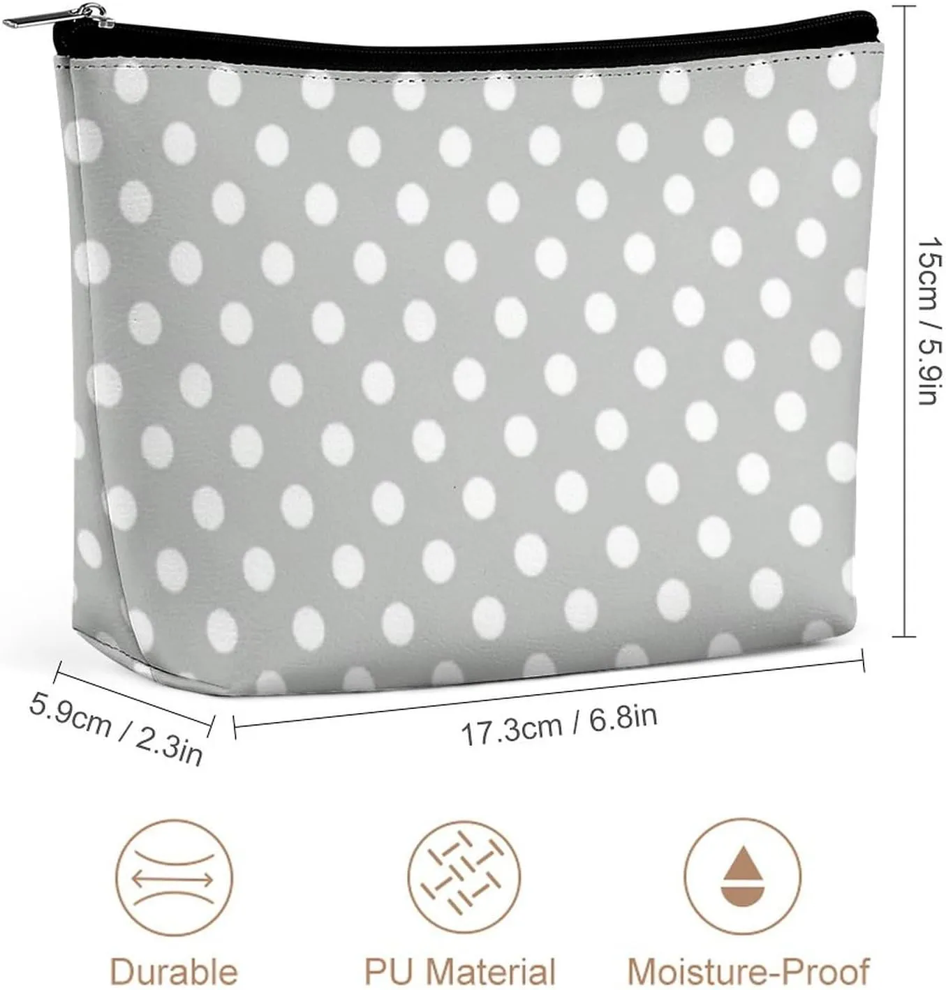 Gray and White Polka Dots Cosmetic Bag, Travel Portable Makeup Bag for Purse Pouch Beauty Zipper Organizer Toiletry Bag for Women
