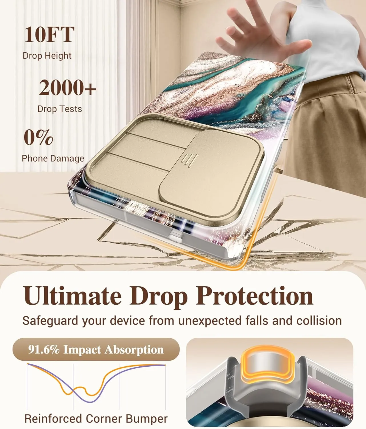 GVIEWIN for Samsung Galaxy S25 Ultra Case with Slide Camera Cover, [Screen Protector] [Shockproof Military Grade Drop Protection] Marble Slim Fit Hard PC Phone Cover S25 Ultra 6.9" 2025 (Drift Sand)