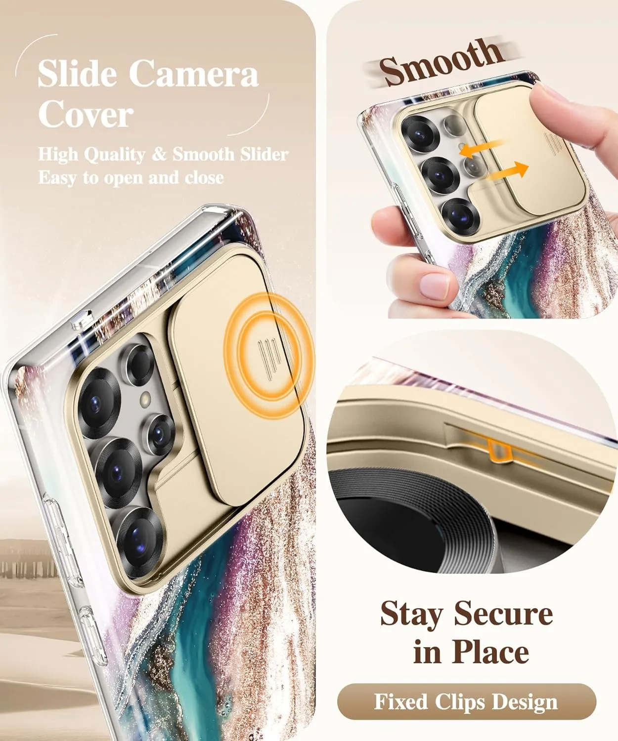 GVIEWIN for Samsung Galaxy S25 Ultra Case with Slide Camera Cover, [Screen Protector] [Shockproof Military Grade Drop Protection] Marble Slim Fit Hard PC Phone Cover S25 Ultra 6.9" 2025 (Drift Sand)