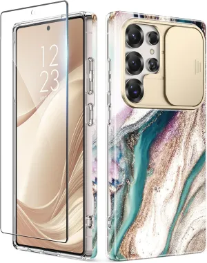 GVIEWIN for Samsung Galaxy S25 Ultra Case with Slide Camera Cover, [Screen Protector] [Shockproof Military Grade Drop Protection] Marble Slim Fit Hard PC Phone Cover S25 Ultra 6.9" 2025 (Drift Sand)