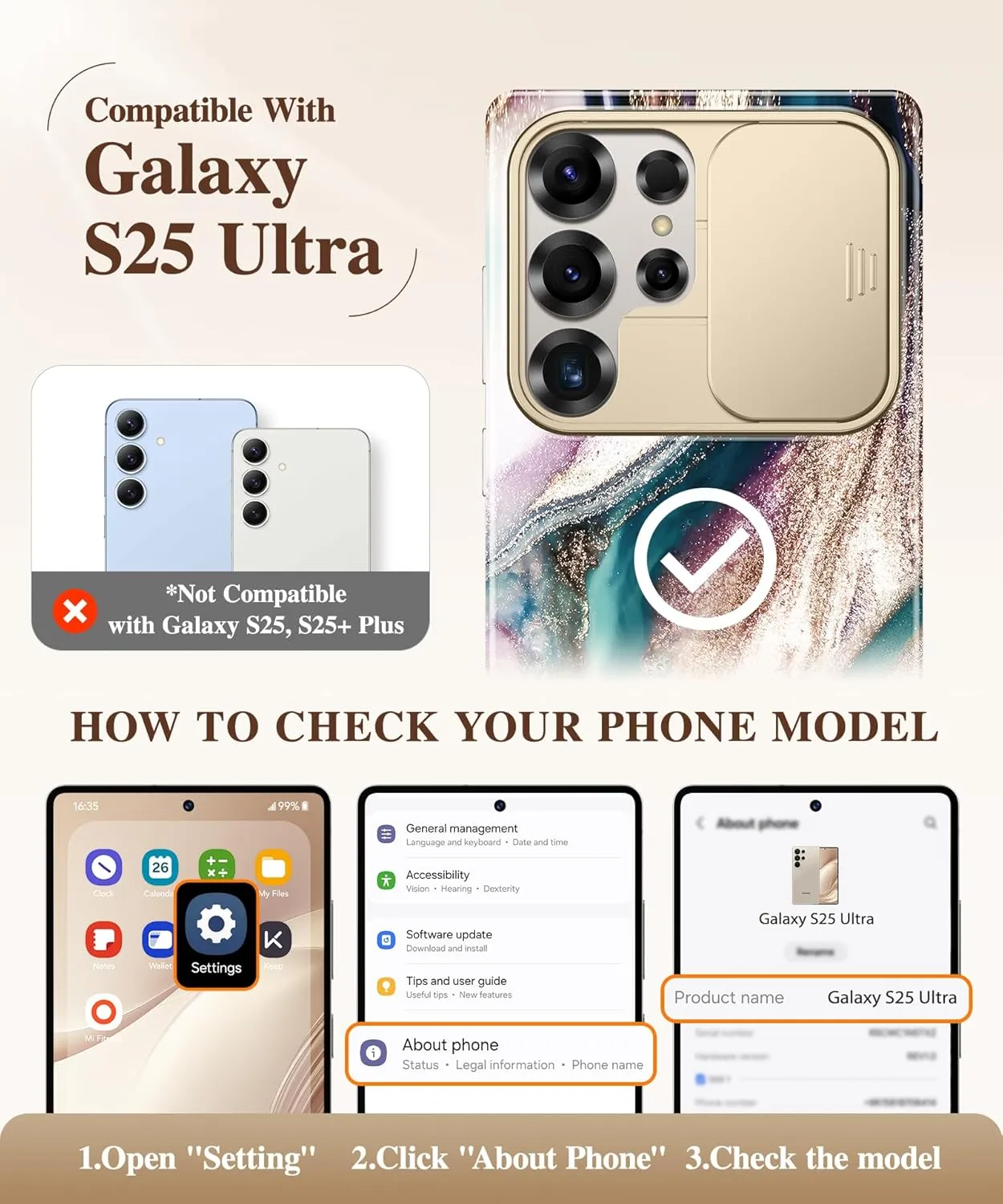GVIEWIN for Samsung Galaxy S25 Ultra Case with Slide Camera Cover, [Screen Protector] [Shockproof Military Grade Drop Protection] Marble Slim Fit Hard PC Phone Cover S25 Ultra 6.9" 2025 (Drift Sand)
