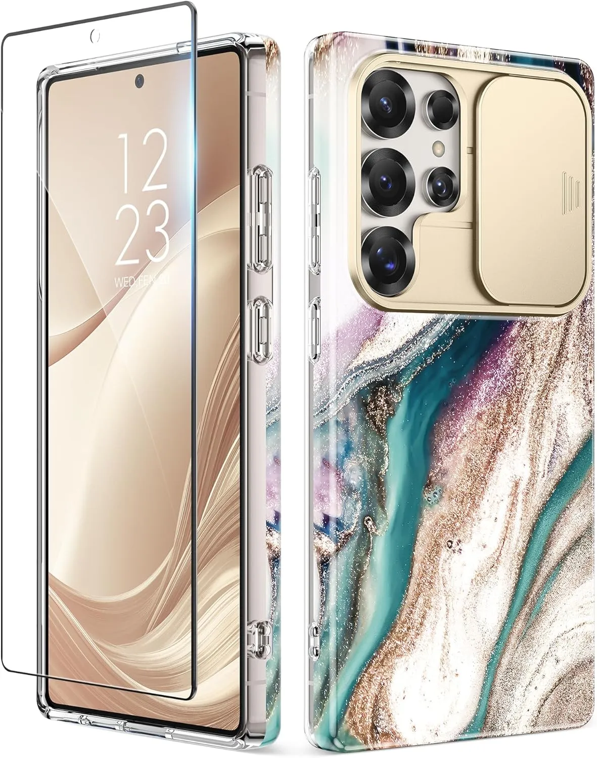 GVIEWIN for Samsung Galaxy S25 Ultra Case with Slide Camera Cover, [Screen Protector] [Shockproof Military Grade Drop Protection] Marble Slim Fit Hard PC Phone Cover S25 Ultra 6.9" 2025 (Drift Sand)