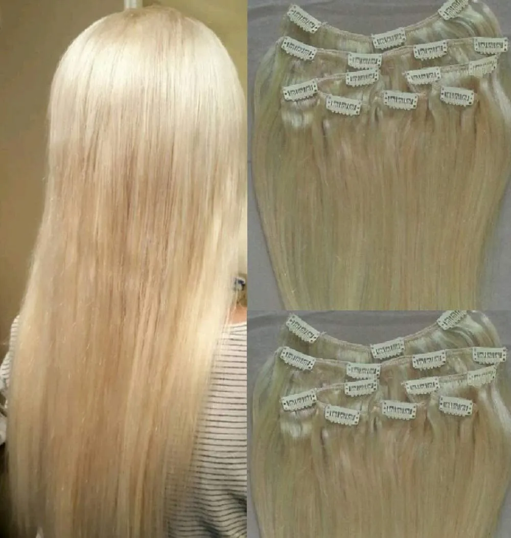 Hair Faux You 24" Clip in Hair Extensions Real Human Hair 100g Clip on for Full Head 7 pieces, 14 clips, Silky Straight Weft Remy Hair Color #613 Platinum Blonde,NOT White Blonde,with a touch of gold