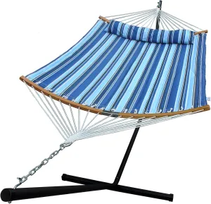 Hammock with 12.8 Feet Stand & Curved Bamboo Spreader Bar Double Hammocks 2 Person Heavy Duty Max 450lbs Capacity, Catalina Beach