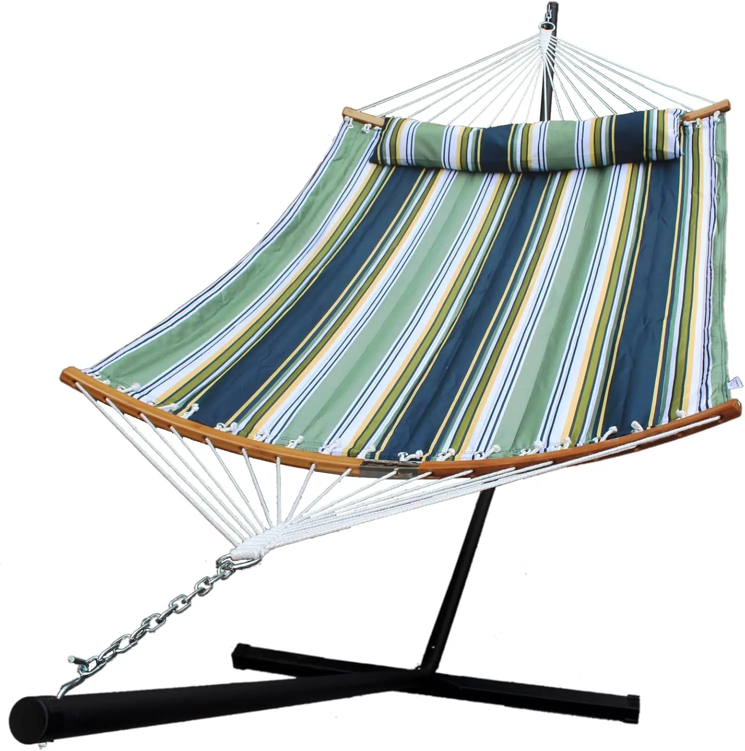 Hammock with 12.8 Feet Stand & Curved Bamboo Spreader Bar Double Hammocks 2 Person Heavy Duty Max 450lbs Capacity, Navy Blue&Aqua