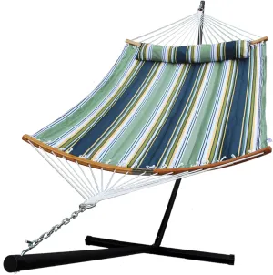 Hammock with 12.8 Feet Stand & Curved Bamboo Spreader Bar Double Hammocks 2 Person Heavy Duty Max 450lbs Capacity, Navy Blue&Aqua