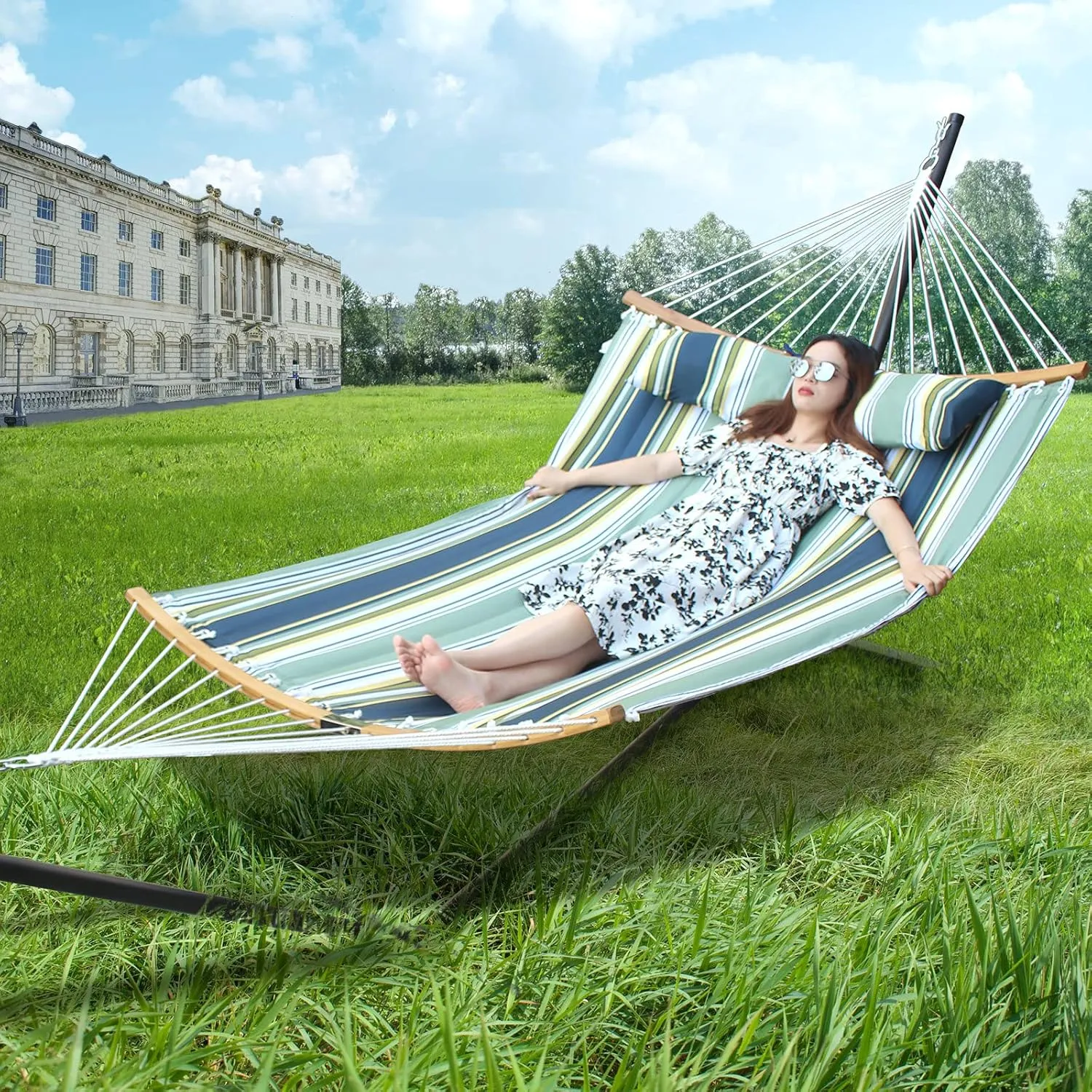 Hammock with 12.8 Feet Stand & Curved Bamboo Spreader Bar Double Hammocks 2 Person Heavy Duty Max 450lbs Capacity, Navy Blue&Aqua